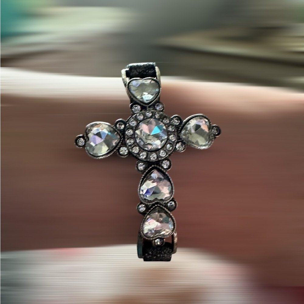 Rare Vintage Leather Czech Glass Cross Bracelet